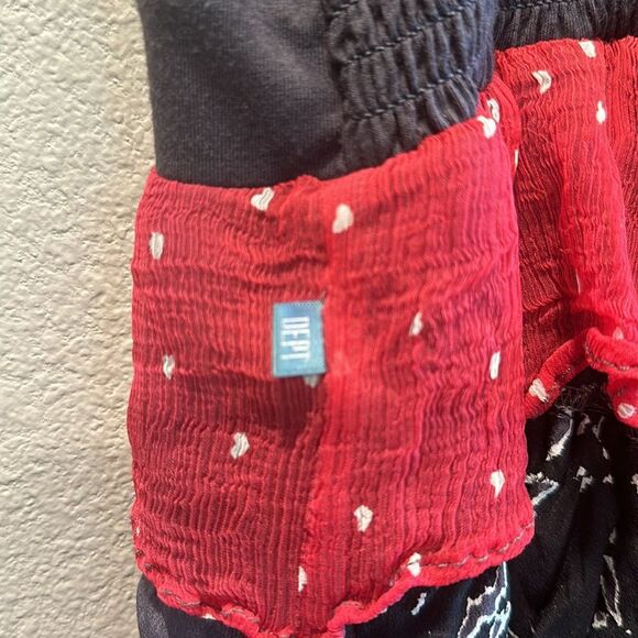 DEPT Sz S Tiered Ruffle Midi Dress Red Black Pattern Whimsigoth Coachella - Picture 7 of 8
